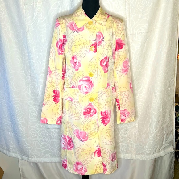 ESPRIT yellow & pink floral trench coat. Button down front with collar.Size M. - Picture 1 of 12